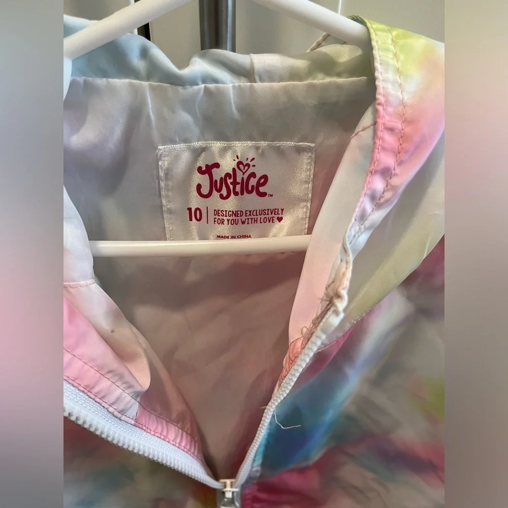 Justice pastel tie dye hooded windbreaker, size 10